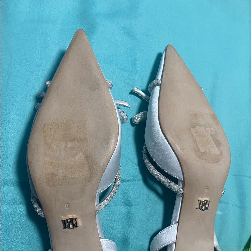 Badgley Mischka White Satin Pointed Toe Slingback Heels with Crystal Bow Accent - Picture 9 of 13